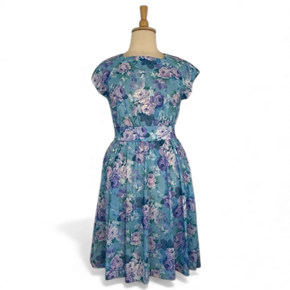 Vintage Floral Dress Women’s XL Short‎ Sleeve Square Neck A-Line Midi